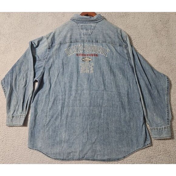 Vintage Harley Davidson Embroidered Blue Denim Button Down Shirt Men's Size 2XL - Picture 2 of 9